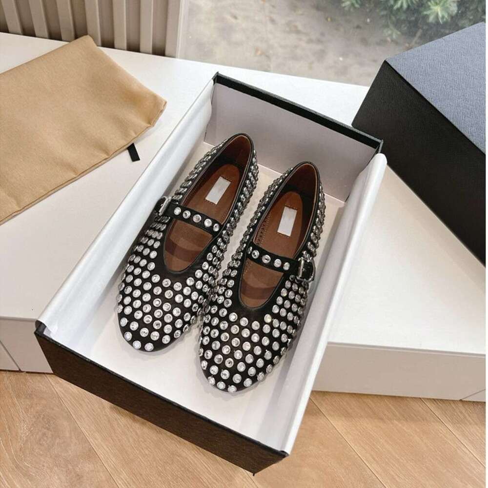 Premium Cowhide Edition~Genuine Leather Round Head Water Diamond Rivet Mary Jane Single Women's Flat Bottom Comfortable Ballet Dance Shoes