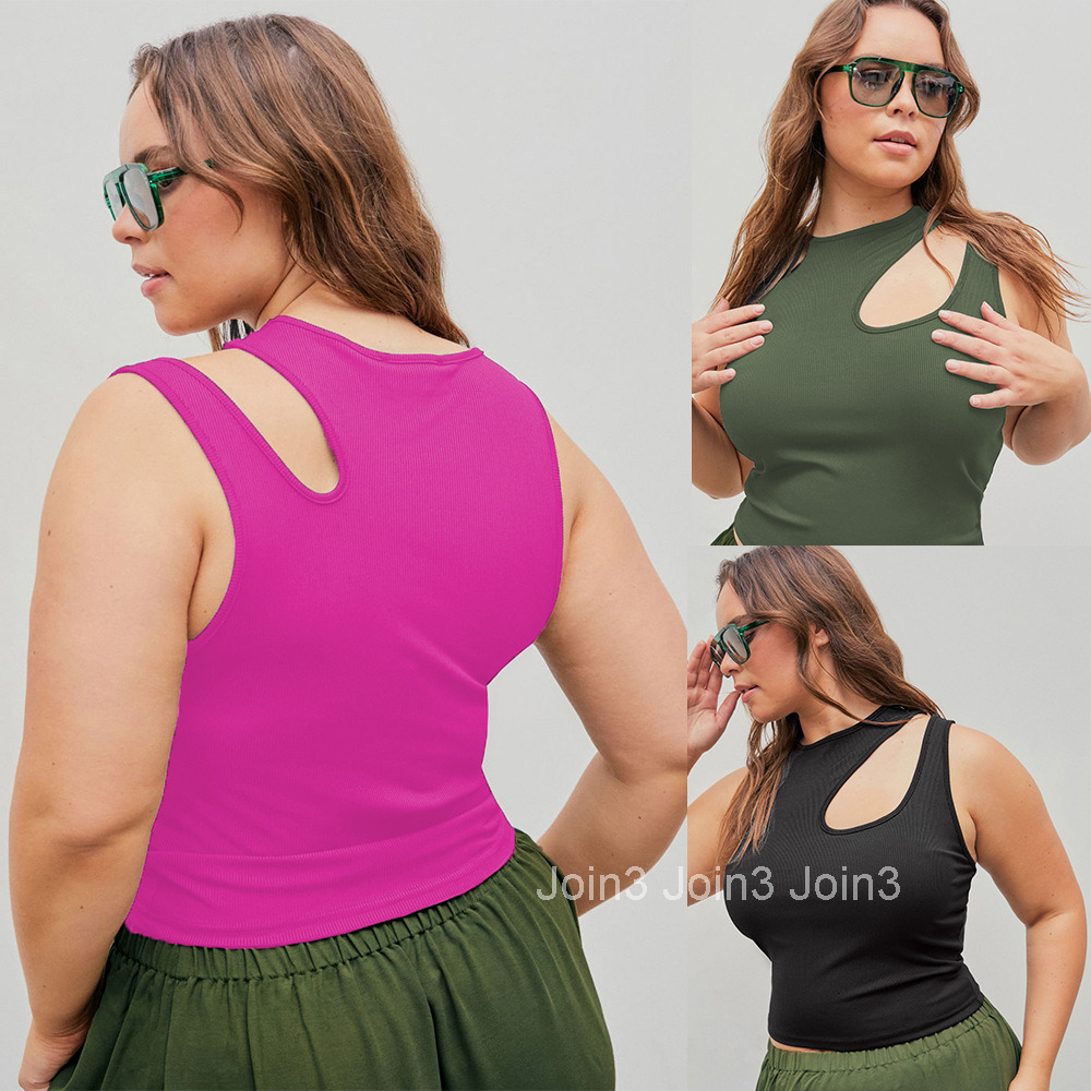 Summer Plus Womens Sleeveless Sports Vest Slim Fit Sexy Hollowed Out Round Neck T-shirt