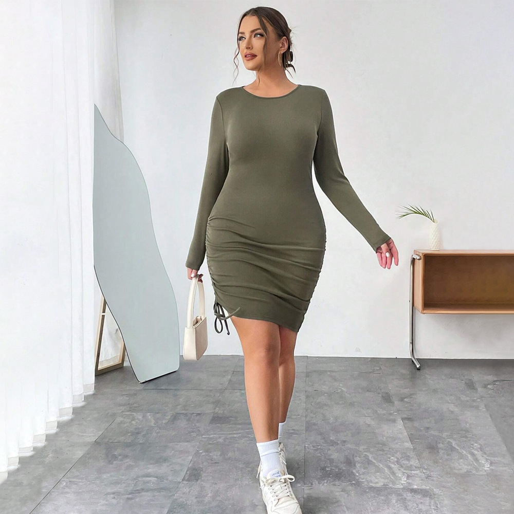 Fashionable Slim Fit Round Neck Long Sleeved Standard Size Solid Color Drawstring Side Pleated Slim Fit Irregular Dress