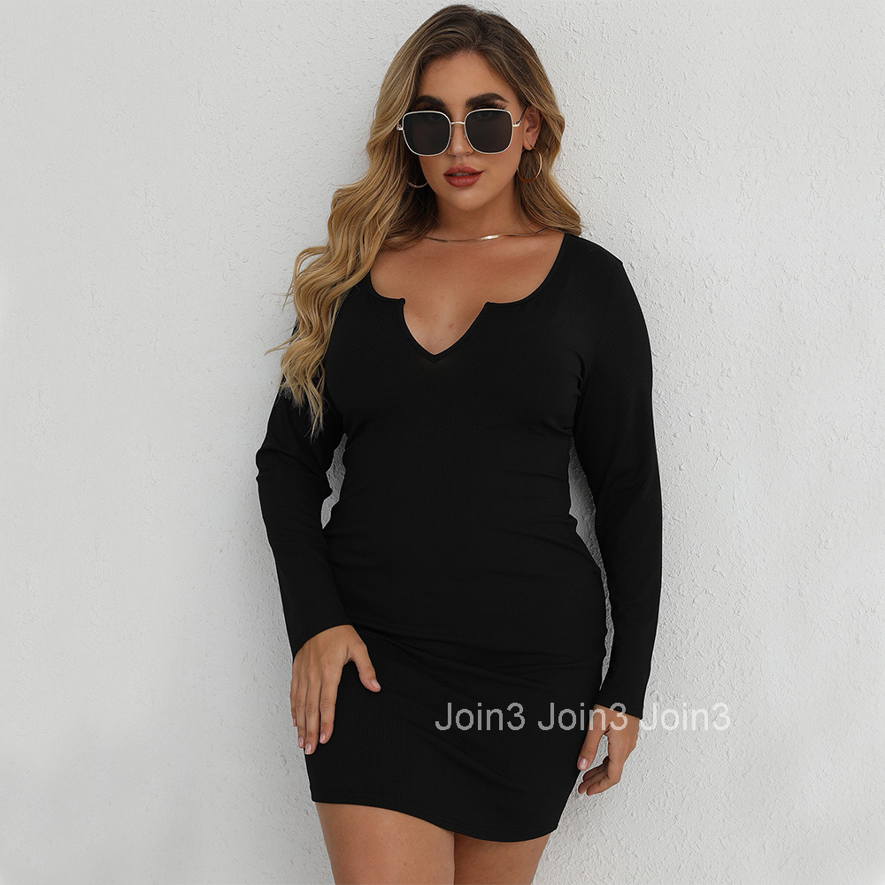 Large Size Womens Threaded Long Sleeved Pure Desire Sexy Knitted Short Skirt Slim Fit Waist Bag Hip Skirt Dress