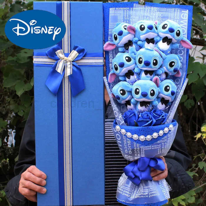 Disney 9 Styles Kawaii Stitch Soap Flower Plush Toy Anime Stich Soft Stuffed Animal Doll Romantic Valentines Gift no box W20250516