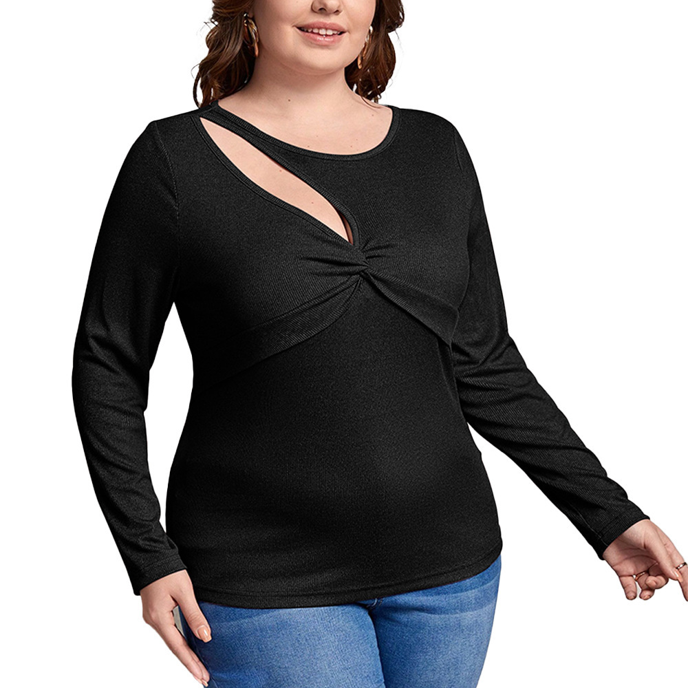 Oversized Womens Autumn and Winter Slim Fit Solid Color Long Sleeved T-shirt with Careful Machine Design Sexy Hollow Top