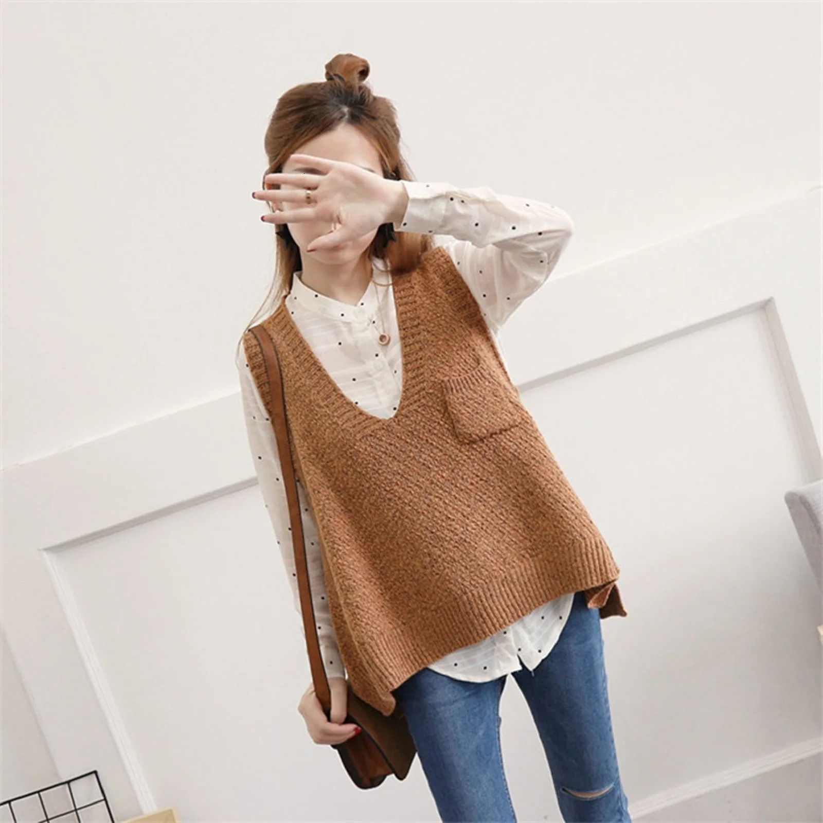 VNeck Knitted Vest Womens Korean Version Pullover Sweater ALine Sleeveless Shoulder Jacket Trend 250506