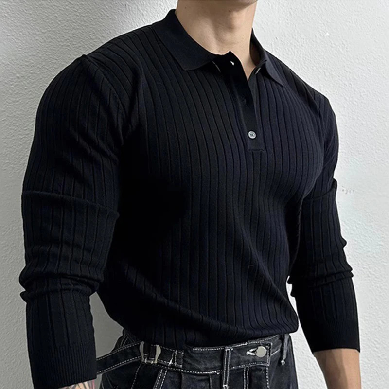 Mens Leisure Knit Polo Shirt Long Sleeve Button-down Premium Solid Color Pullover Knitwear Streetwear Clothing 250515