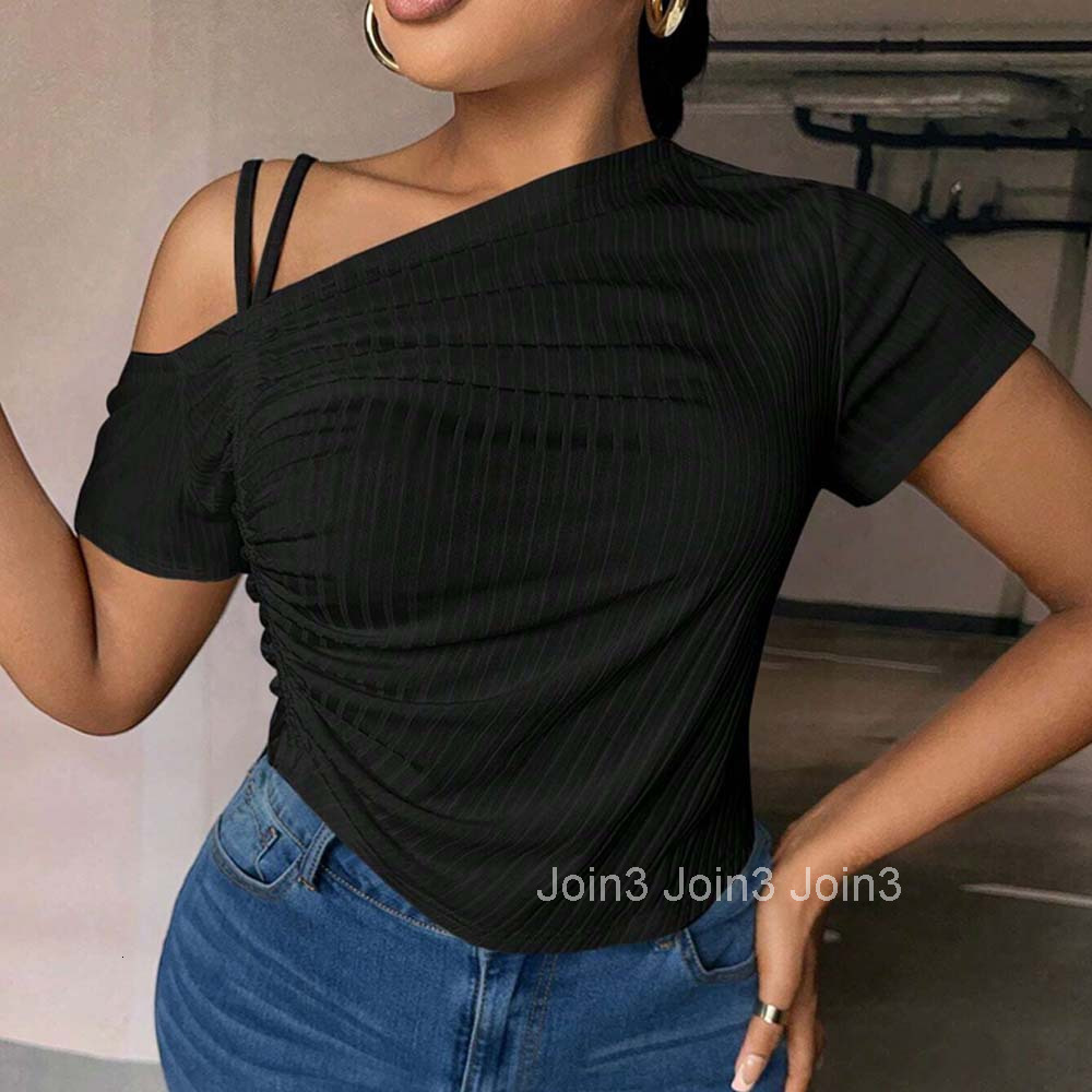 Plus Size Womens Summer New Slim Fit Off Shoulder Sloping Collar Solid Color T-shirt Top