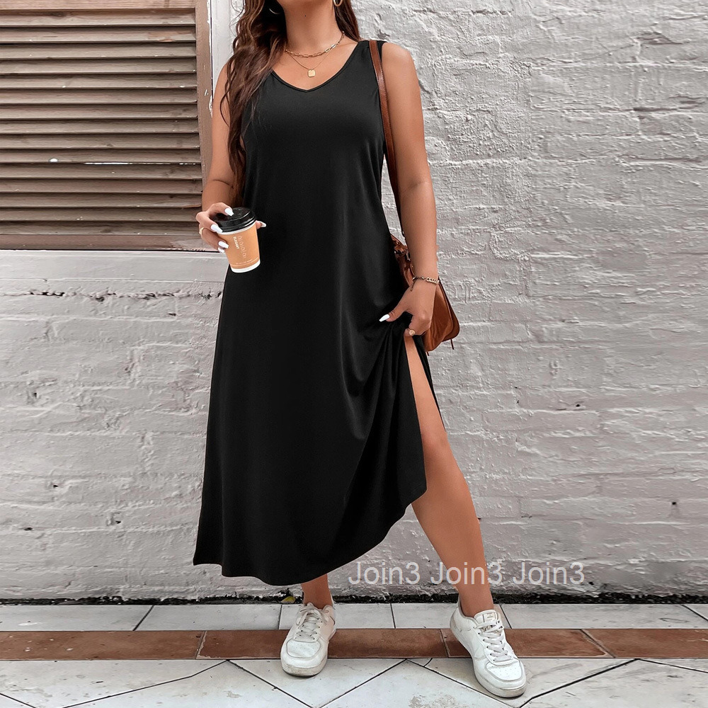 Large Size Womens New Loose H-shaped Casual Solid Color Sleeveless Vest V-neck Dress