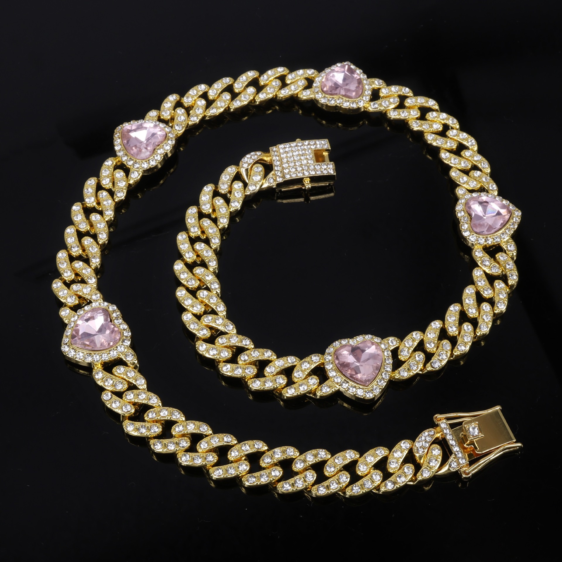 12mm Heart-Shaped Diamond Cuban Link Necklace - Trendy Hip-Hop Jewelry for Men, Pink Gemstone Accent