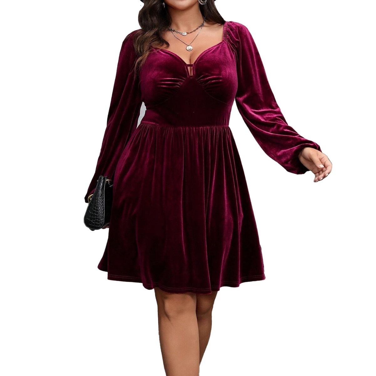 Autumn and Winter New Plus Size Womens Sexy V-neck Waist Cinched Long Sleeved Banquet Velvet Dress