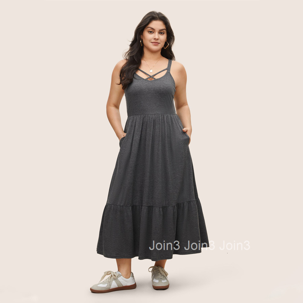 Plus Size Womens Loose Casual Vacation Waist Cinched Pocket Camisole Long Skirt Dress