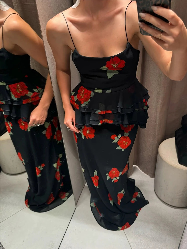 Elegant Ruffle Top Skirt Set Women Chic Print Sleeveless Backless Sling Top Hip Package Long Skirt Sets 2025 Summer Lady Dress 250515