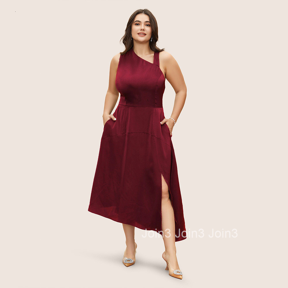 Plus Size Womens Waist Up Sexy Off Shoulder Color Satin Party Red Dress