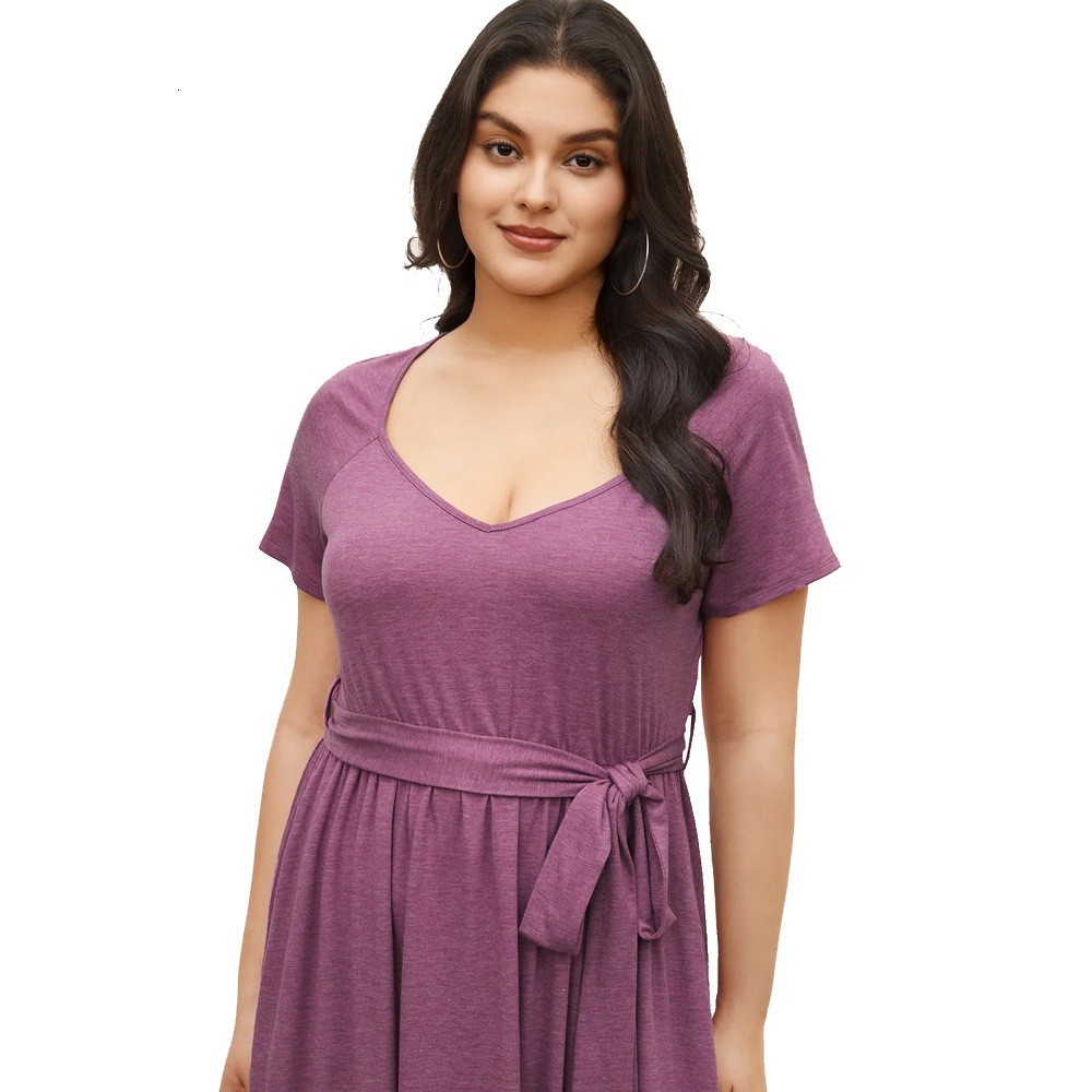 Large Size Womens New V-neck Waist Cinched Pocket Short Sleeved Long Skirt Casual Dress