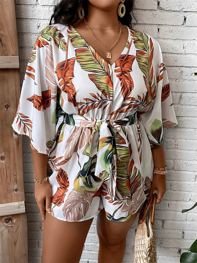 GIBSIE Plus Size Tropical Print Belted Jumpsuit Romper Women Summer V-Neck 34 Sleeve Beach Vacation Playsuit Womens Rompers 250515