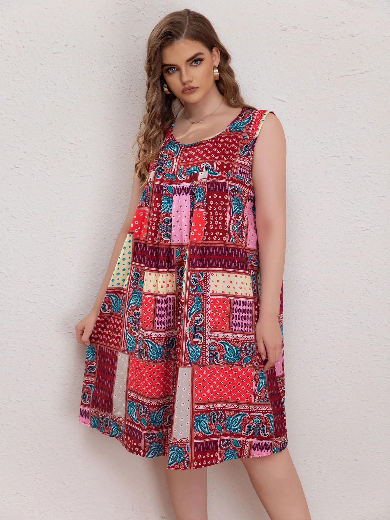Plus size womens springsummer retro elegant polyester fiber seamless splicing printed fashionable and comfortable dress 250506