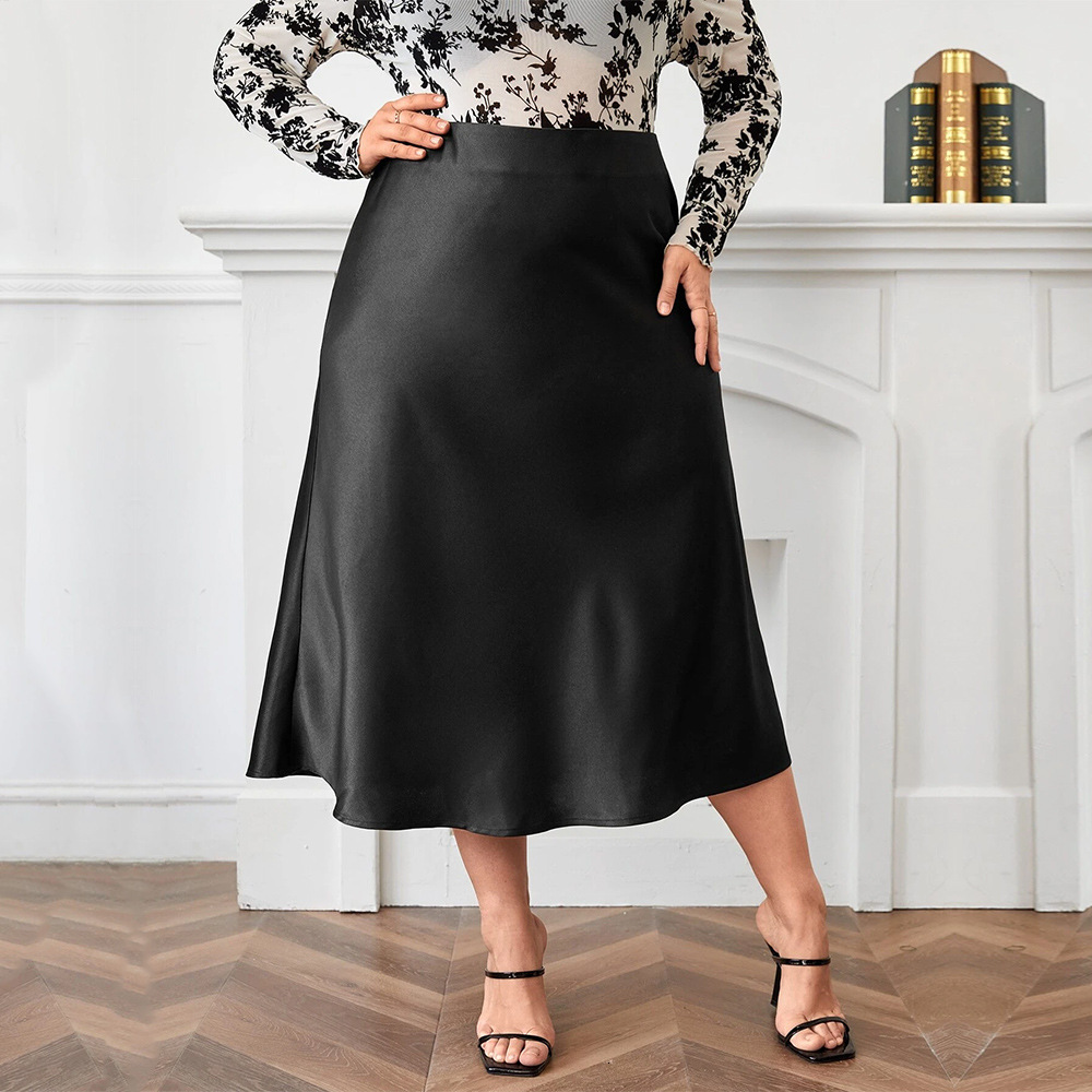 Large Size Womens High Waisted Zipper A-line Skirt Satin Complexion Ding Temperament Sexy Party Skirt