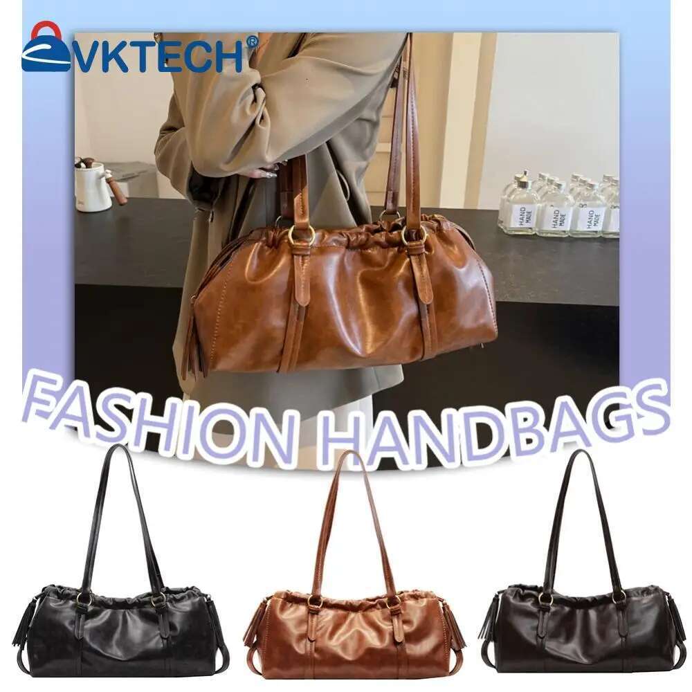 Womens Retro Vintage Tote Large Capacity PU Leather Fashion Drawstring Handbags Buckle Closure Armpit Bag For Outdoor Travel