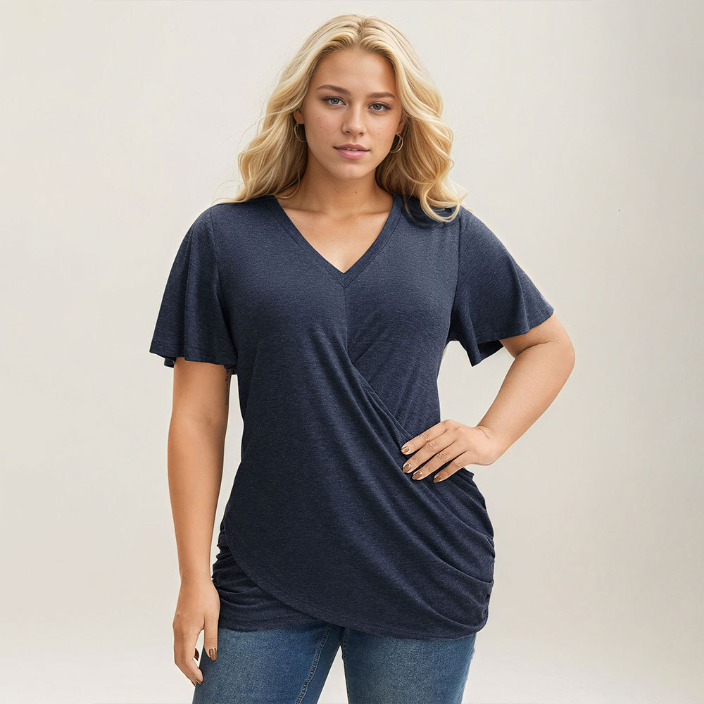 Womens Clothing 2025 Fashion Summer New Item Casual Solid Color V-neck Short Sleeved T-shirt