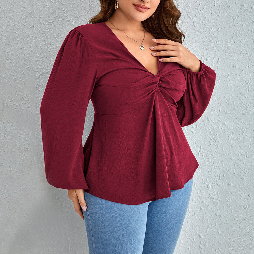Plus Size Womens Clothing Queen Lady Style V-neck T-shirt Autumn and Winter Fashion Anti-aging Wine Red Top