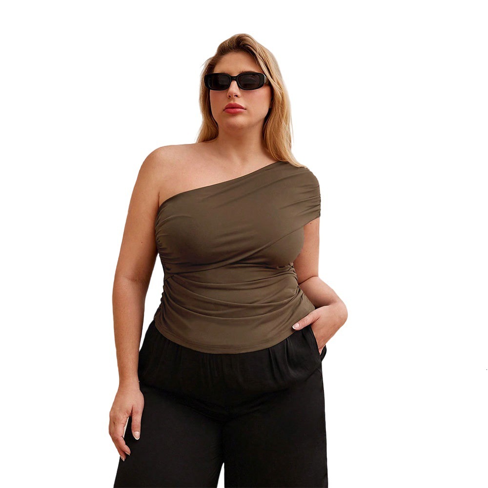 Plus Size Womens Diagonal Collar Princess T-shirt Summer Off Shoulder Design Sense Careful Machine Temperament Top