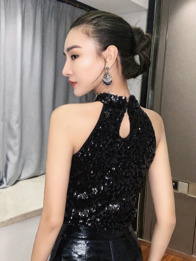 Sequin Fashion Shimmer Flashy Embellished High Quality Halter Neck Sleeveless Vest Sexy Tank Top Clubwear Stage Perform 250506