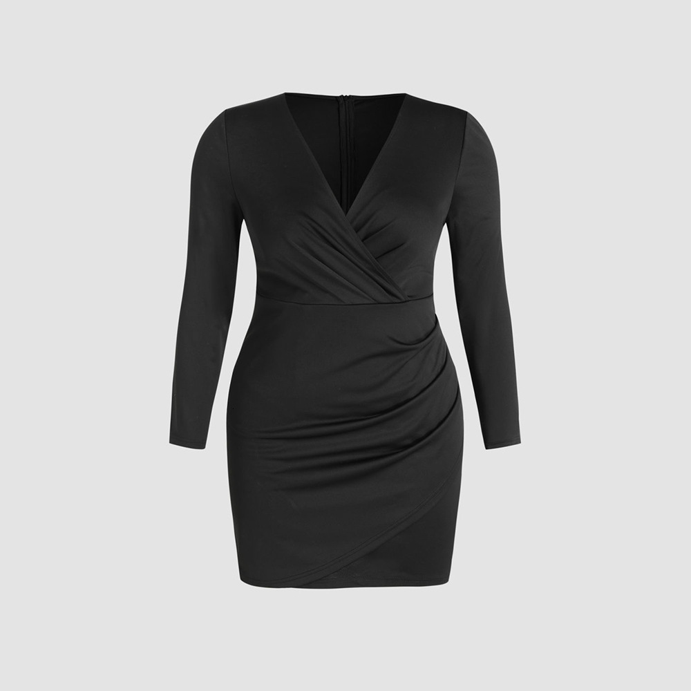 New Plus Size Womens Clothing for Autumn and Winter French V-neck Dress High Waisted Long Sleeved Hip Hugging Short Skirt