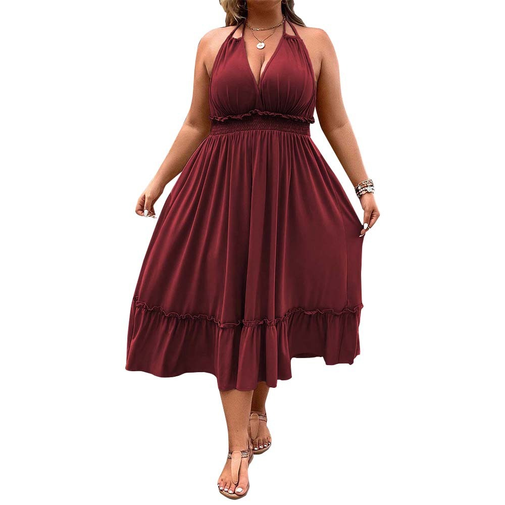 Plus Size Womens Roman Vacation Style Dress Summer New V-neck Hanging Neck Mid Length Skirt