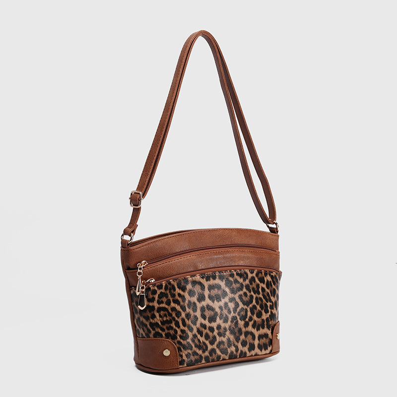 2025S designer new brown women leopard print shoulder crossbody fashionable multi-layer bucket bag