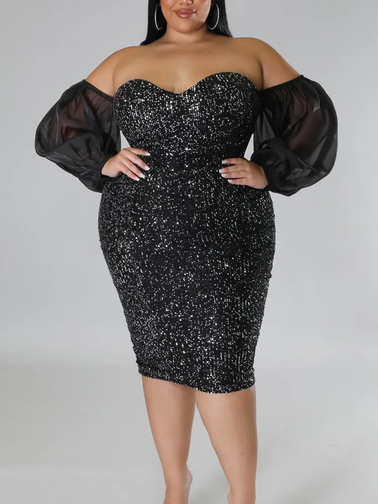 Big Size Women Sexy Sequin Dress Strapless Gauze Solid Party Evening Dress Bodycon Skinny Hip Wrap Dress Midi Vestido Robe Femme 250515