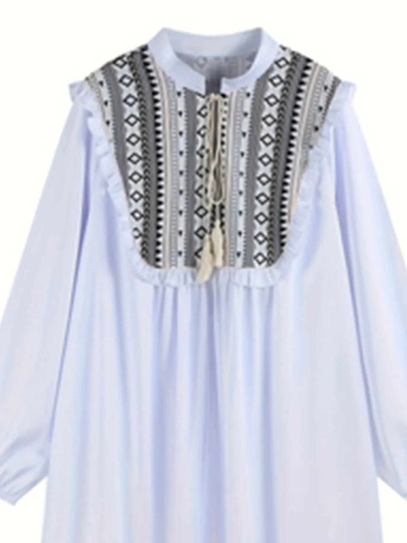 Plus size geometric pattern dress casual tie front plain collar long sleeved plus clothing 250506