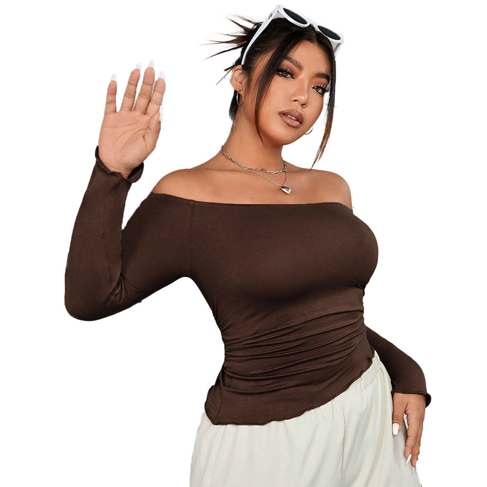 Large Size Womens Autumn and Winter Brown One Cut Collar Off Shoulder Long Sleeved T-shirt Sexy Solid Color Top