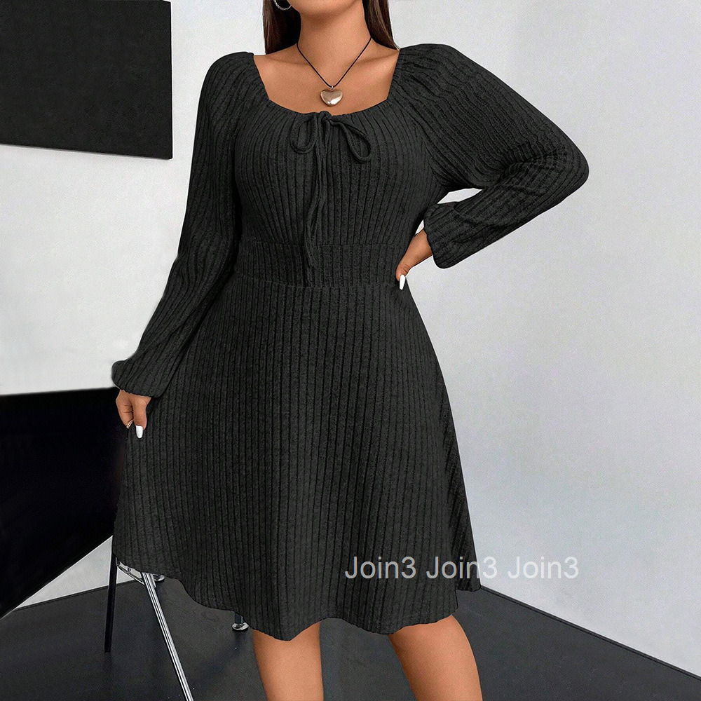 Autumn and Winter New Plus Size Womens Square Neck Long Sleeved Waist Cinched Mini Fleece Pit Stripe Dress