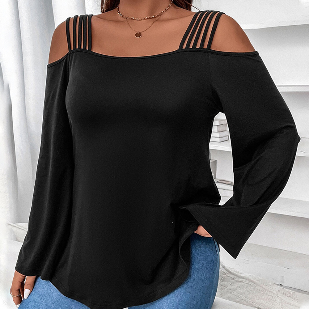 Large Size Womens Solid Color Intellectual Style T-shirt Versatile for Autumn and Winter Loose and Slimming Off Shoulder Camisole Top