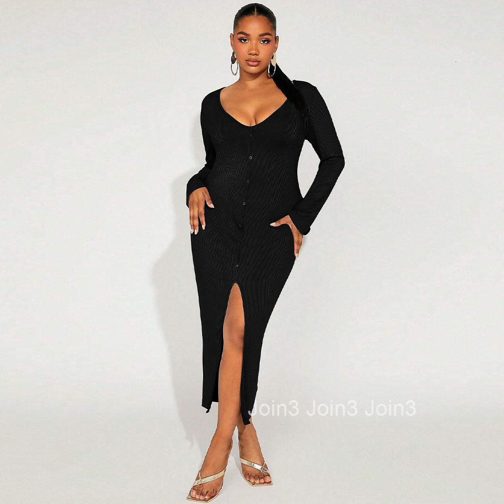Large Size Womens Autumn and Winter New Sexy Slit V-neck Hip Hugging Long Sleeved French Dress