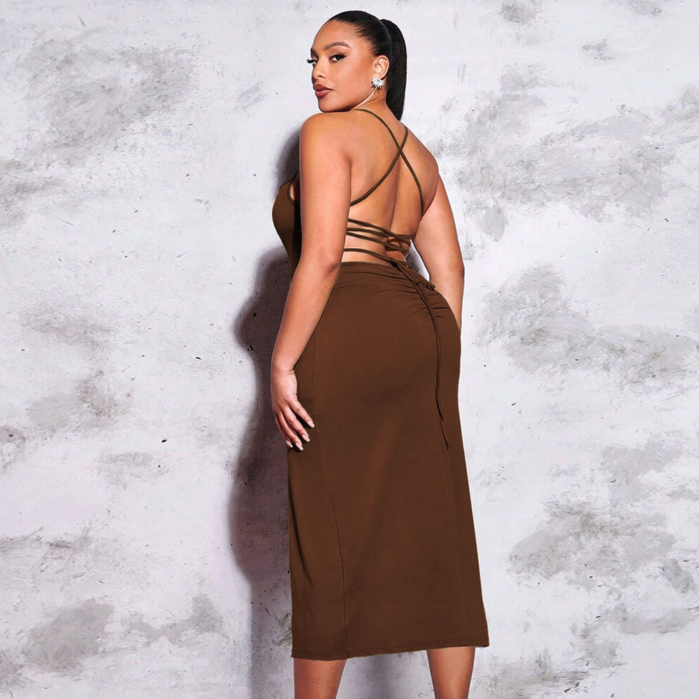 Large Size Womens New Sexy Backless Slit Waist Bag Hip Solid Color Suspender Dress