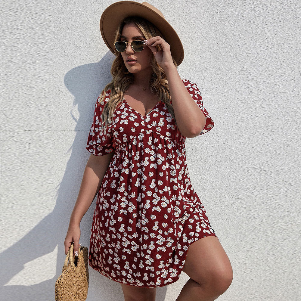 Summer Plus Size Womens Dress with Waist Cinching and Large Swing A-line Skirt Vacation Style Printed Dress