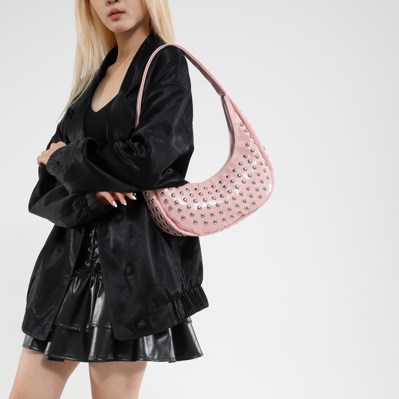 New punk style round rivet inlaid luxury bucket bag new women's underarm designer shoulder bag single shoulder crescent bag versatile commuting u