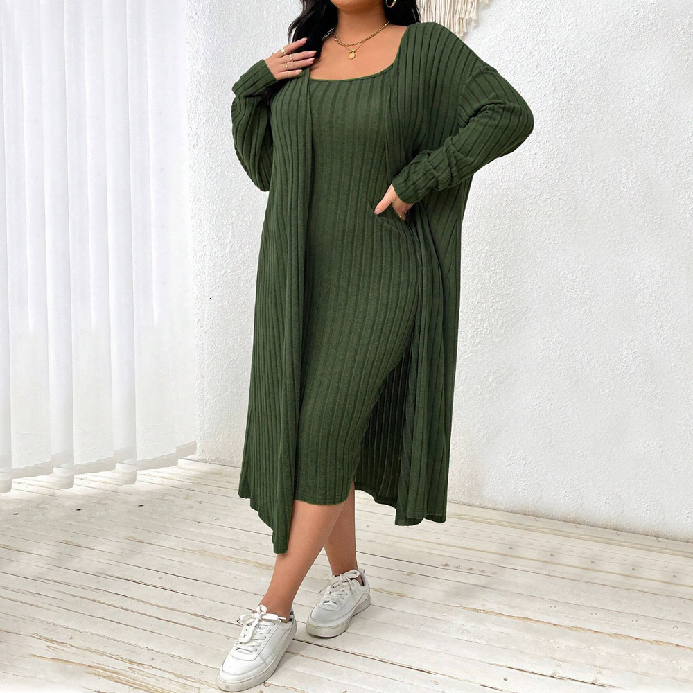 Large Size Womens Casual Fashion Set Autumn and Winter Lazy Style Jacket Suspender Dress Two-piece Set