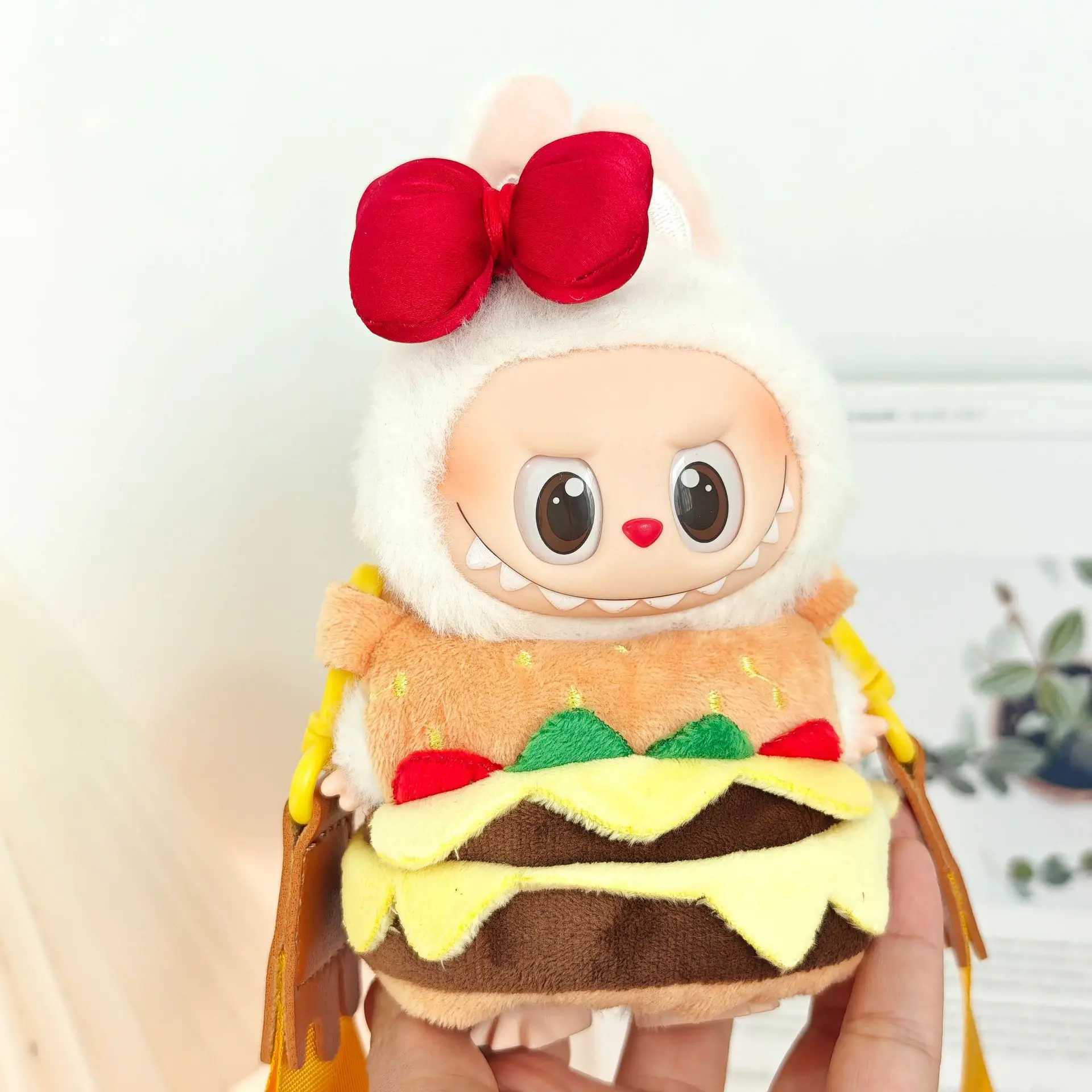 Only Clothes 17cm Labubu Clothing Accessories Hamburger Outfit Red Bow Tie Sitting Par Plush Doll Kids Replace Toy Gifts Free shipping