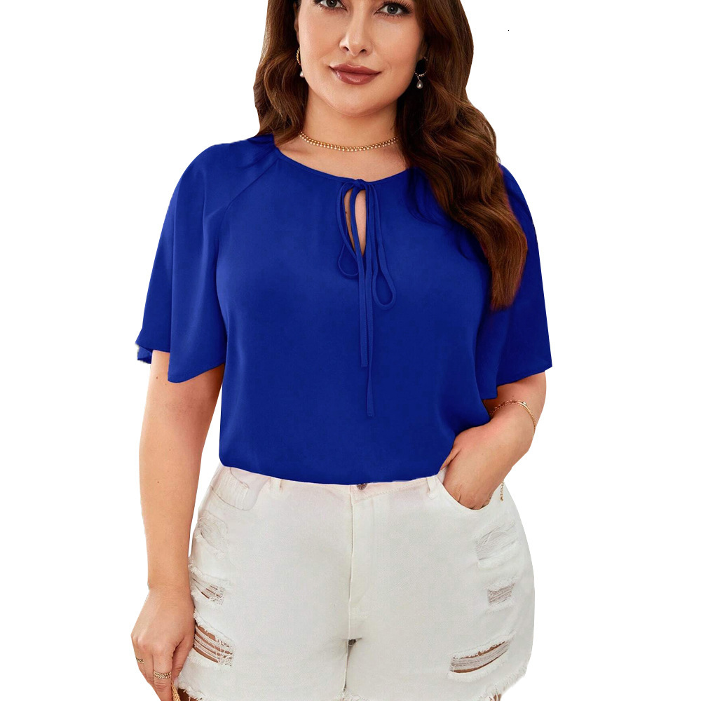 Large Womens Elegant Commuting Style T-shirt Summer Round Neck Lace Up Design Short Sleeved Top