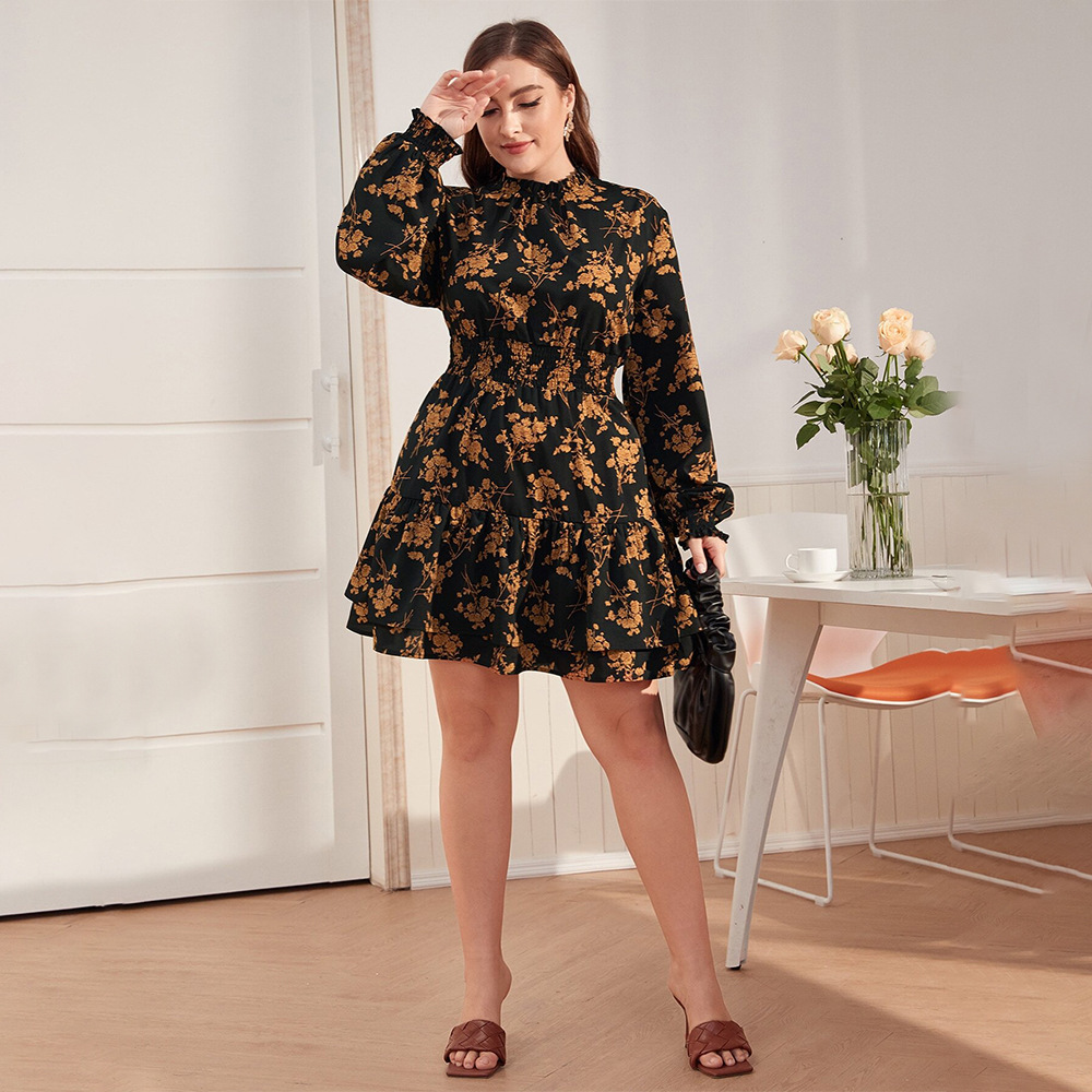 Plus Size Womens High Neck Bubble Sleeve Dress Autumn and Winter Elegant Ruffle Edge Floral Short Skirt
