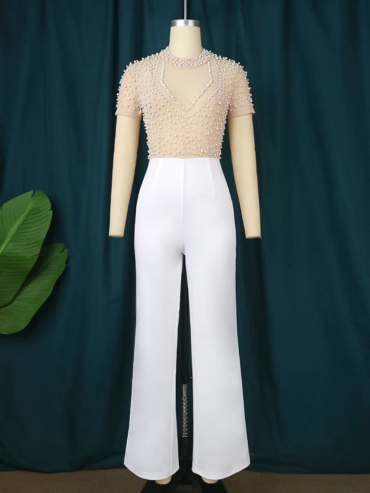 Plus Size Jumpsuits for Women See Through Beading Long Sleeve Beige Black Empire Wide Leg One Piece Outfits Rompers 250515
