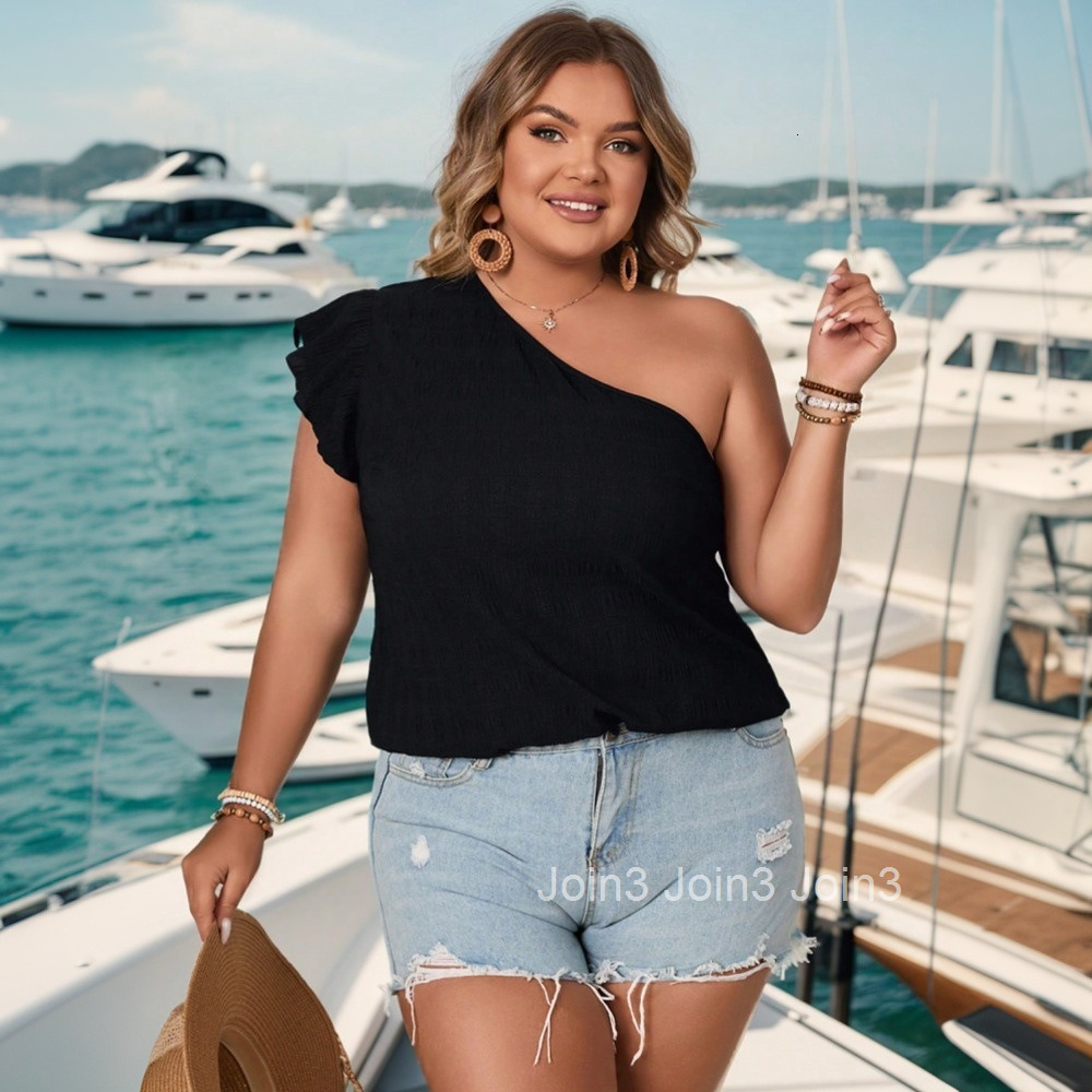 2025 Plus Size Womens Sexy Slanted Neck Off Shoulder T-shirt Slim Fit and Slimming Design Top