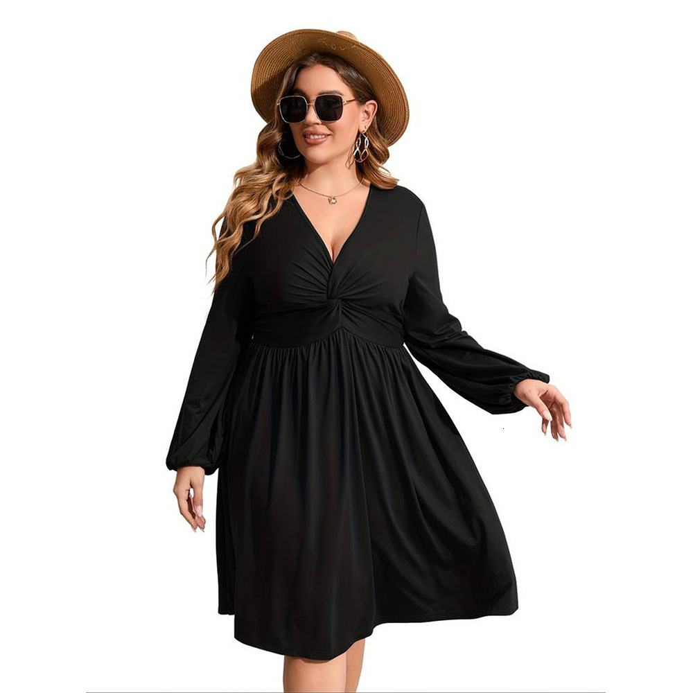 Autumn and Winter Plus Size Womens Clothing Elegant Style V-neck Dress Vacation Style Mid Skirt