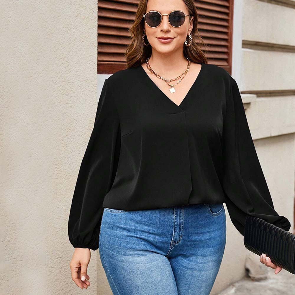 Plus Size Womens Simple and Intellectual Style T-shirt Autumn and Winter Fashion Versatile V-neck Slim Fit Top