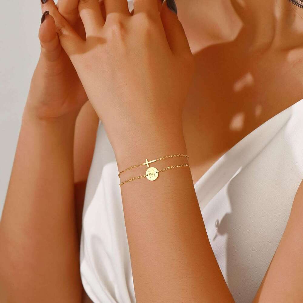 Valentine's Day Exquisite Gold Plated Layered Beaded Initial Plate Letter Faith Cross Bracelet Christian Women's Religious Jewelry Gift