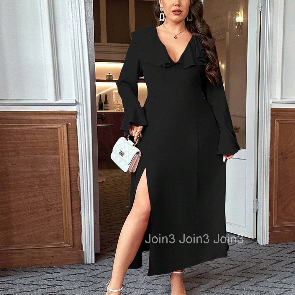 Womens Elegant and Intellectual Style Dress Autumn and Winter Ruffled Flared Sleeves High Waisted Mid Length Skirt