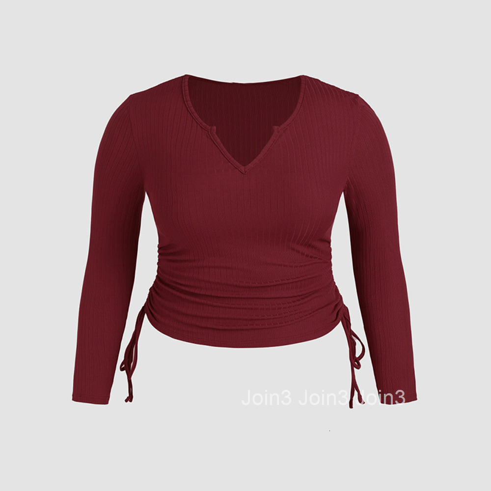 Oversized Womens V-neck Drawstring Slimming Long Sleeved T-shirt with Slim Fit and Short Inner Layer Bottom Layer Autumn and Winter Top