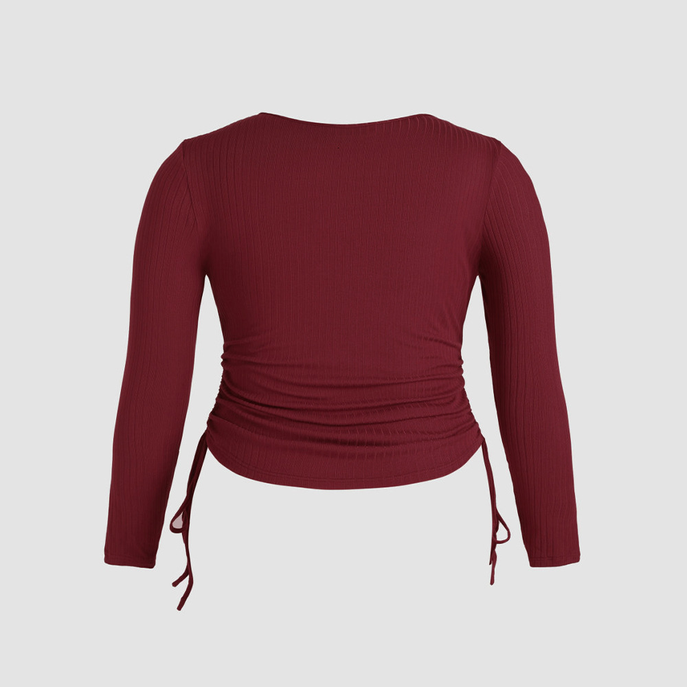 Oversized Womens V-neck Drawstring Slimming Long Sleeved T-shirt with Slim Fit and Short Inner Layer Bottom Layer Autumn and Winter Top