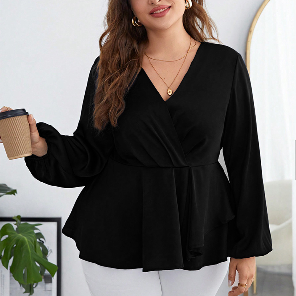 Large Size Womens Temperament Solid Color Chiffon Shirt with Waist Cinched Bubble Sleeves V-neck Long Sleeved Shirt Top