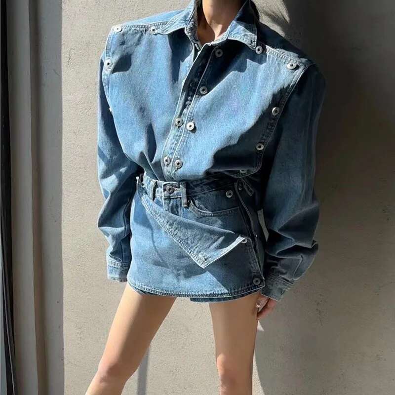 Spring Fashion Ladies 2 Pieces Long Sleeve Double Breasted Jean Jackets & Mini Shorts Skirt Vintage Women Denim Set